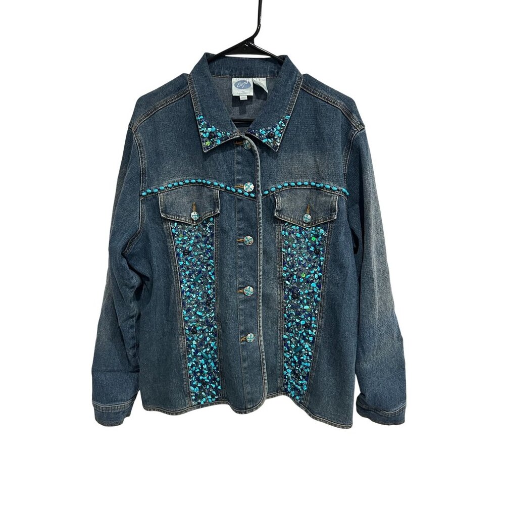 Dg2 By Diane Gilman Womens 1X Stylish Denim Jacket Embellished Trendy Bling